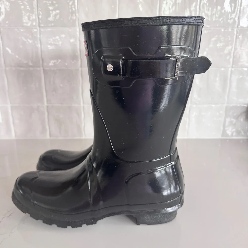 Hunter Original Short Gloss Rain Boots‎ Women Size 9 Black WFS1000RGL